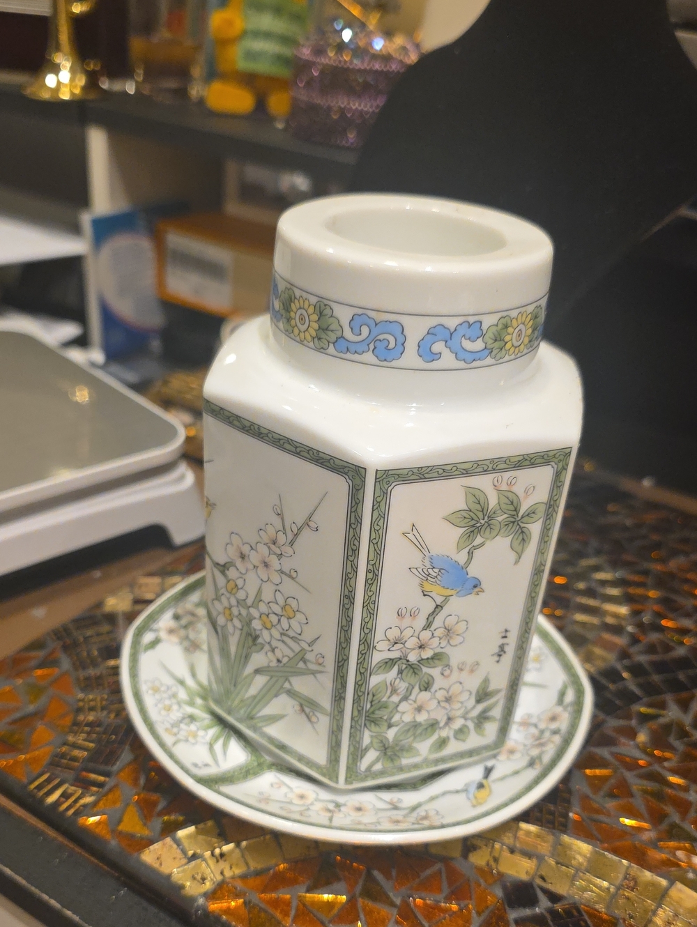 Vintage White Porcelain Canister with Blue & Green Floral Bird Motif